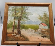 ?Peinture à l’huile sur bois, années 70, paysage maison. Tableau signé 