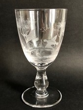 MAGNIFIQUE ancien GRAND VERRE en CRISTAL Gravé décor oiseaux arbres
