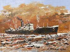 Navire marchand en mer c 1920 acrylique 2008 Bateau Océan Marin Marine Marchande