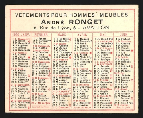 Calendrier 1940 avallon - calendrier, 1940,
