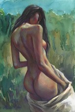 belle  femme nue dans un sac, tableau original 20 x 29,7 cm aquarelle NUDE akt