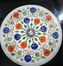 12 " Marbre Côté Rond Table Top Pietra Dura Fabriqué à la Main Incrustation Art