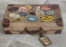 Ancienne valise + housse Vintage cuir/Étiquette Voyage /Old leather suitcase