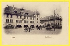 cpa Rare SUISSE SCHWEIZ THUN Rathhaus ATTELAGES de CHIENS au Dos BERNER COSTUME