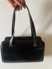 Vintage French 1950s Softest Quality Black Leather Top Handle Handbag Purse
