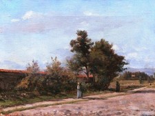 Tableau encadré paysage campagne femme chemin impressionnisme réalisme huile
