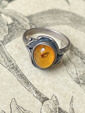 Jolie Bague en Argent Massif et ambre - Bijoux vintage T.54