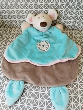 Peluche doudou marionnette souris beige bleu gris rose brodé chat Ajena