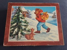 Ancienne Boite En Bois 6 Puzzles 20 Cubes Pinocchio Et Paysages Montagne Ourson