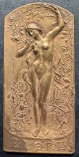 Médaille bronze Art Nouveau " Femme nue tenant une branche  - FLORES " COUDRAY