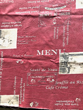 Grand Coupon tissu 100 % coton fond rouge imprimé BISTROT - MENU 136 x 85 cm