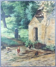 Ancien Tableau "Poules et Coq"