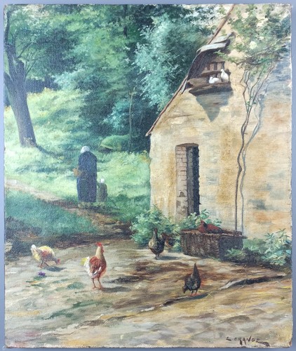Ancien tableau poules coq - ancien,