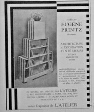 PUBLICITÉ DE PRESSE 1927 MEUBLE PAR EUGÈNE PRINTZ DÉCORATEUR L'ATELIER