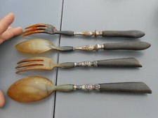 Anciens Couverts à Salade Fourchette Cuillère Plastique Ambre Manche Corne 1900