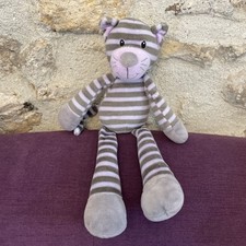 doudou peluche CHAT TIGRE GRIS RAYE MAUVE Violet 35 cm CARREFOUR CMI
