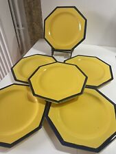 LE POËT-LAVAL FRANCE 6 Assiettes En Faïence Octogonale Jaune Liseré Bleu