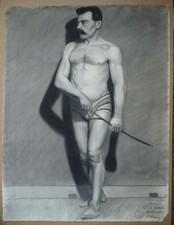 Nu académique, ancien dessin au fusain daté 1891 signé Guérin étude d'homme XIXe