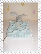 ⑳ - Doudou Plat Lapin Bleu/Vert Gris Blanc Plume Création Tendre & Douces Kaloo