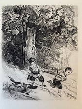 Edmond Morin gravure Eau Forte Etching Enfants Jouant Cheval Sulky Trotteur