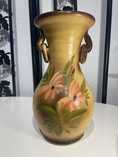 Très Beau Vase Vintage En Terre Cuite Décor Floral Peint À La Main.