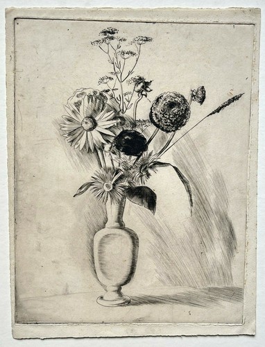 Bouquet fleurs vase gravure - fleurs,