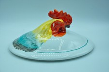 Couvercle de soupière au coq peint signé YB déco mural poule maison campagne 