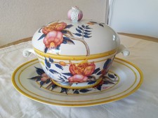 SOUPIÈRE ET PLATEAU PORCELAINE DE PARIS AURORE TROPICALE VINTAGE fleurs bambou 
