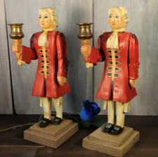 Antique French Candle Holder Pair Hand Carved Wood Painted Servants Folk Art