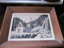 TABLEAU DÉCOR SCULPTE DECOUPIS CHALET MONTAGNE SAPIN RUISSEAU SIGNE YVET