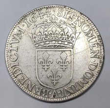 Rare Monnaie Argent, 1/2 Demi Ecu Mèche Courte 1644 A - LOUIS XIV (13.4g)