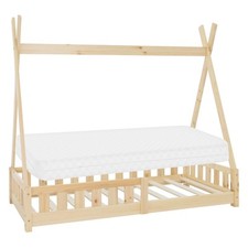 Lit d'enfant Tipi + matelas lit avec antichutes en bois de pin naturel 80x160 cm