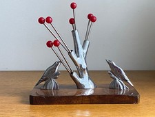 Porte piques apéritif cocktail décor oiseaux chrome bois  Art Déco 1930 Rabier
