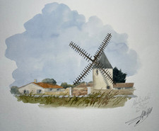 MOULIN MORINAND Ile de Re AQUARELLE Peinture CANARD Bellere Bois Plage XX°