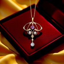 Collier Pendentif Doré Vieilli Véritable Améthyste Violet Perle Pierre Lune SB22