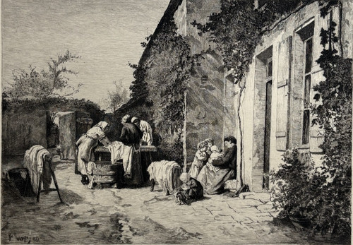 Laveuse enfants cour - cour, village