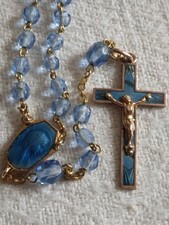 Ancien chapelet perles verre faceté bleu or croix émaillée bleue Christ Marie