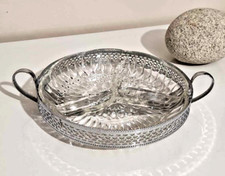 jolie plat apéritif ancien en métal et verre 3 compartiments vintage