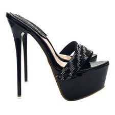 Mules Sexy Noires Avec Strass Et Talon A Aiguille 17,5 CM - KH105 NOIR