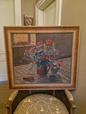 Peinture Ancienne,  Huile Sur Toile Encadrée Représentant Un Bouquet De Fleurs