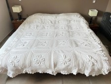 Dessus de lit au crochet 1900, coton blanc, linge ancien 160 x 200