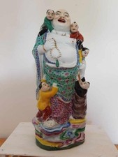 Ancien Bouddha rieur aux 5 enfants Chine XXème en céramique porcelaine émaillée