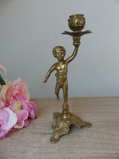 Ancienne statuette bougeoir chérubin angelot en laiton, porte bougie ange métal