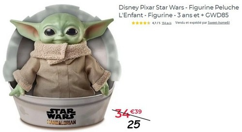 Peluche 25cm baby yoda grogu - peluche,