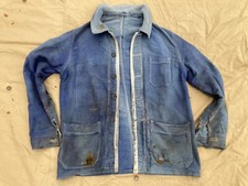 Tres ancienne veste travail moleskine bleu parinée usée top mont saint michel 30