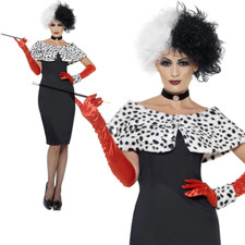 Costume De Cruella Maléfique Pour Femmes Imprimé Dalmation Robe Fantaisie Neuve