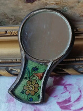 ANCIEN PETIT MIROIR FACE À MAIN EN BOIS MANCHE PEINT VITRÉ 