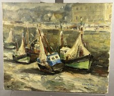 Jean-Claude QUINETTE (1956) Huile sur toile : bateaux à Honfleur Normandie