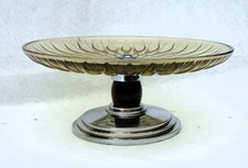 Grande Coupe Centre de table Art Deco Plateau Verre Fume Pied Metal Et Palissand