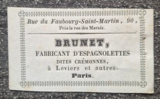 Carte de visite BRUNET Fabricant d'Espagnolettes dites crémones à Paris 19e s.